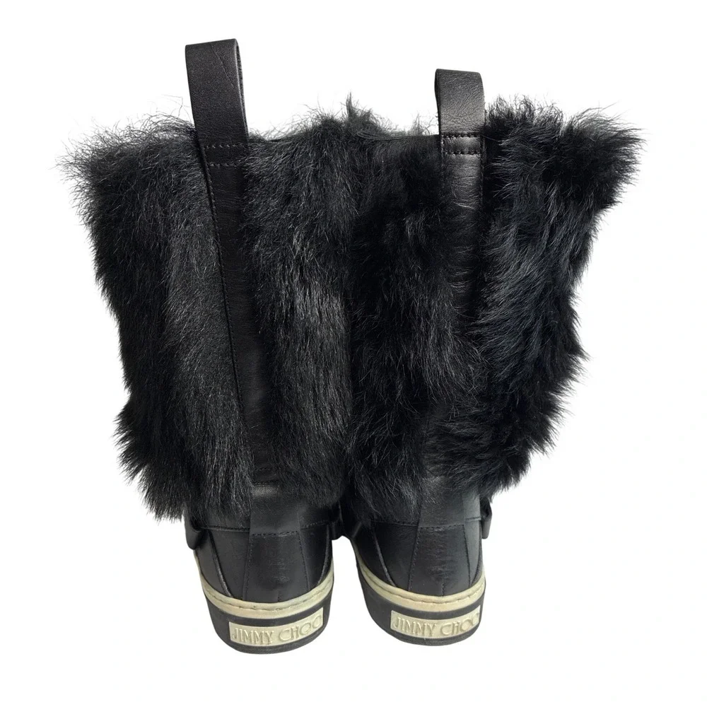 Jimmy Choo Black Leather Faux Fur Trim Mid Calf Boots‎ Size 35 Made in Italy